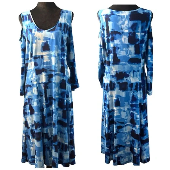 Susan Graver Cold Shoulder Blue Geometric Women’s Dress Size L - Picture 2 of 6